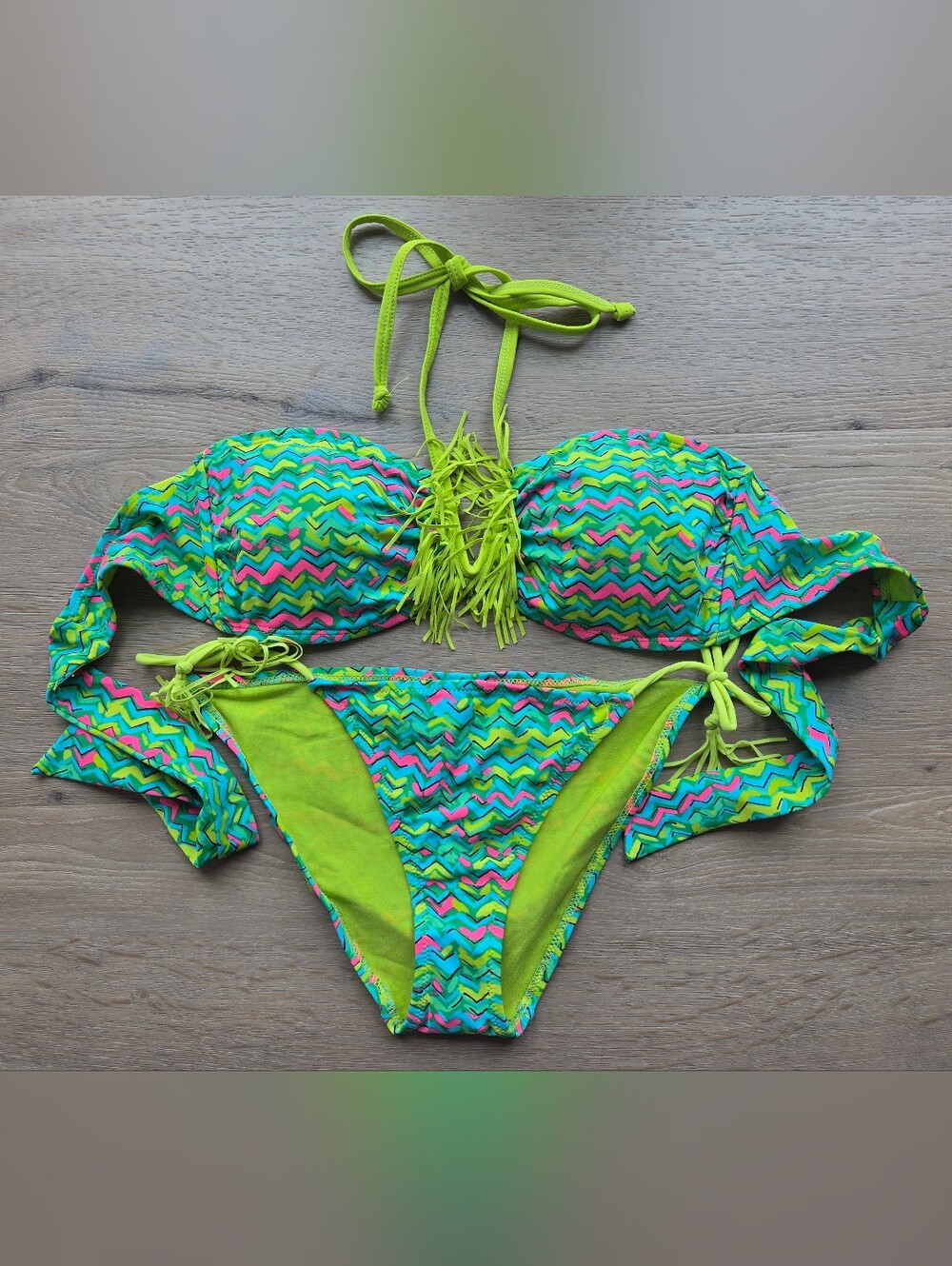 Neon Chevron Two-Piece Swim Bikini - Lime Green Halter Nwot Large & Medium
